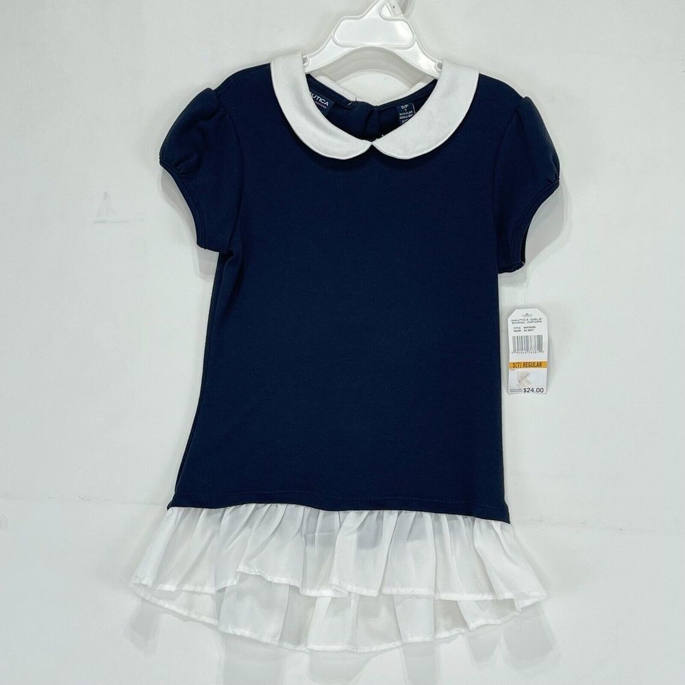 Nautica Girls Shirt Dress Size 7 Small Petite Navy Blue And White